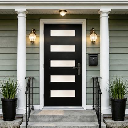 36"x80" Fiberglass Front Door with White 4-9/16" PVC Frame,Left-Hand Inswing Exterior Door with Brickmould,Contemporary minimalist brushed smooth skin with frosted glass for Home Entrance, Black
