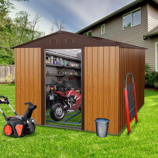 8ft x 10ft Outdoor Metal Storage Shed with Metal Foundation, Coffee