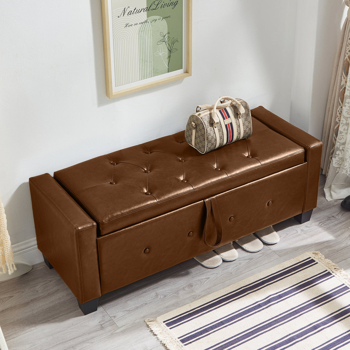 48" Ottoman Bench with Storage, Upholstered Tufted Faux Leather PU Ottoman Brown