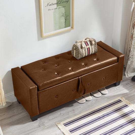 48" Ottoman Bench with Storage, Upholstered Tufted Faux Leather PU Ottoman Brown
