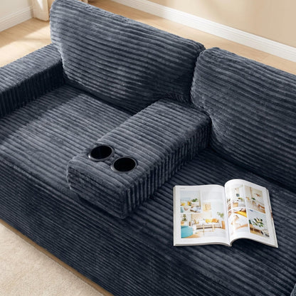 91.7" No-Leg Compression Sofa, Plush Corduroy  with Built-in Cup Holders and Side Storage Pocket for Living Room