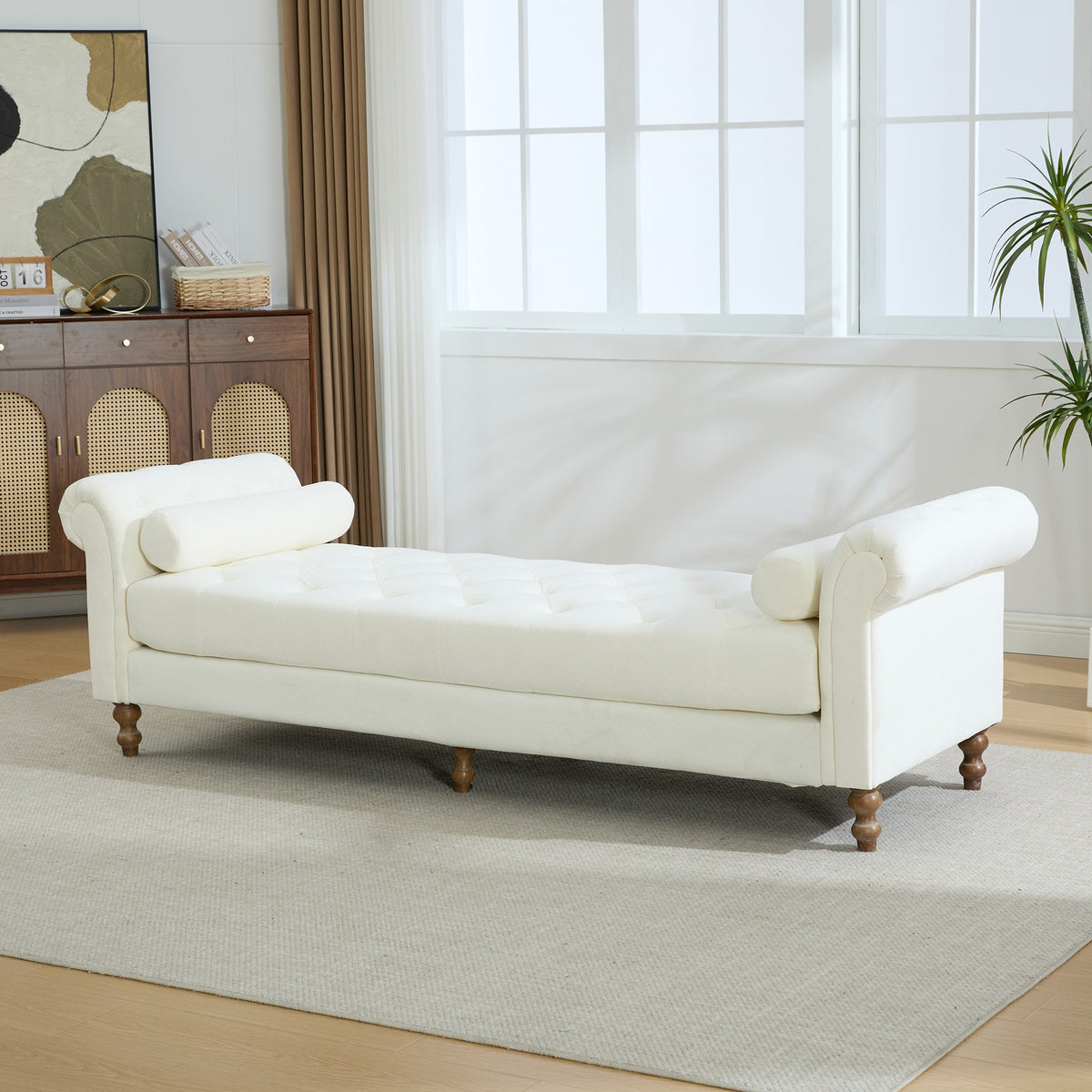 87.01"Wide Modern Upholstered End of Bed Bench with Armrests, Chenille Chaise Lounge Couch with 2 Bolster Pillows, Daybed with Rubberwood Legs For Living Room,Bedroom,Apartment,Guestroom, Beige