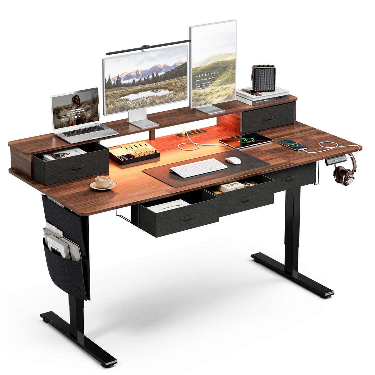 71x32" Sit-Stand Desk w/ 5 Drawers, Power Hub, LED Lights, Monitor Shelf & Cable Mgt, 28.3-47.2" Adj, Walnut