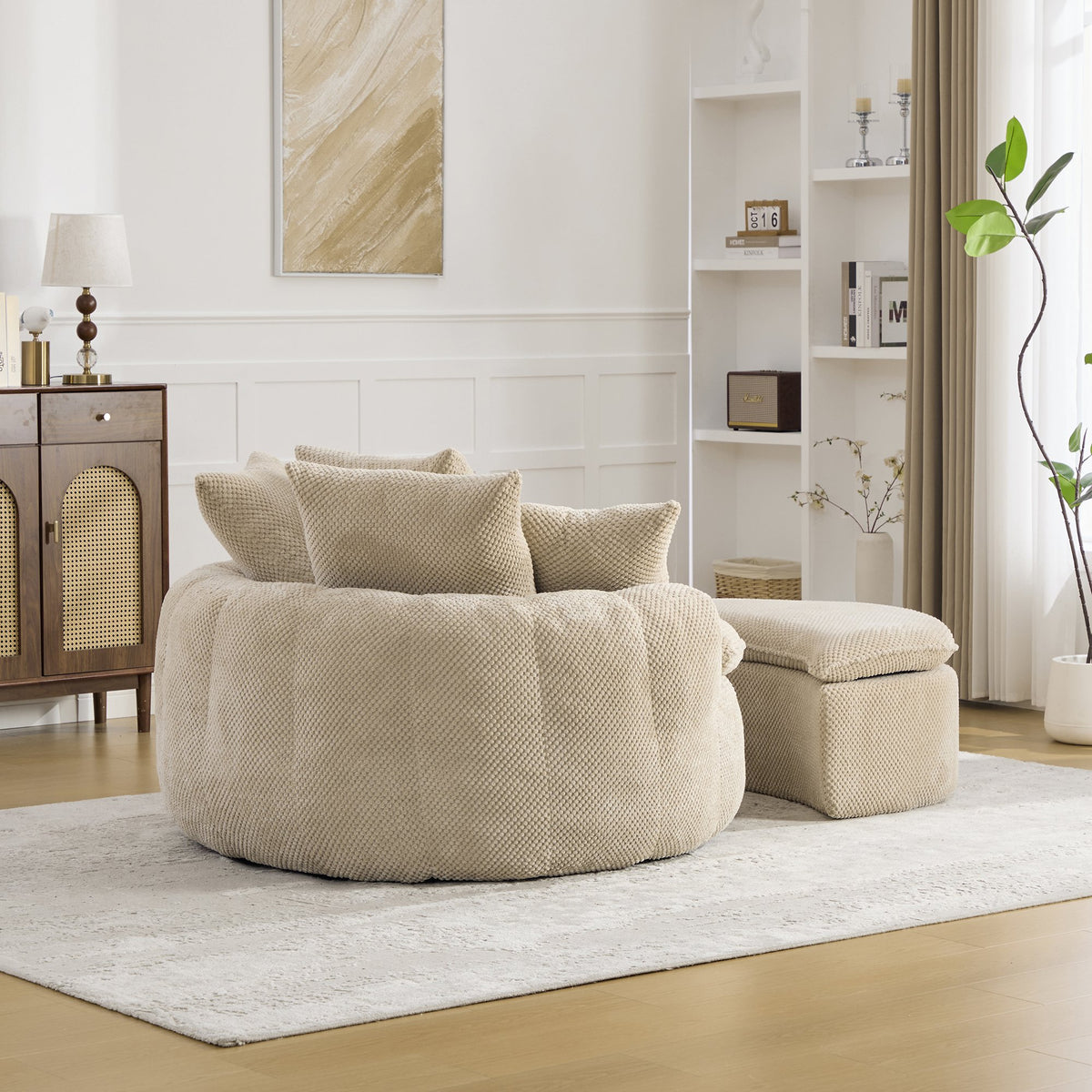 53.15"W Round Oversized Pumpkin-shaped Boneless Single-person Lounge Chair With Ottoman Soft Breathable Fabric,Boneless Filling Material Of Piece Sponge,For Living Room Bedroom Apartment,Taupe