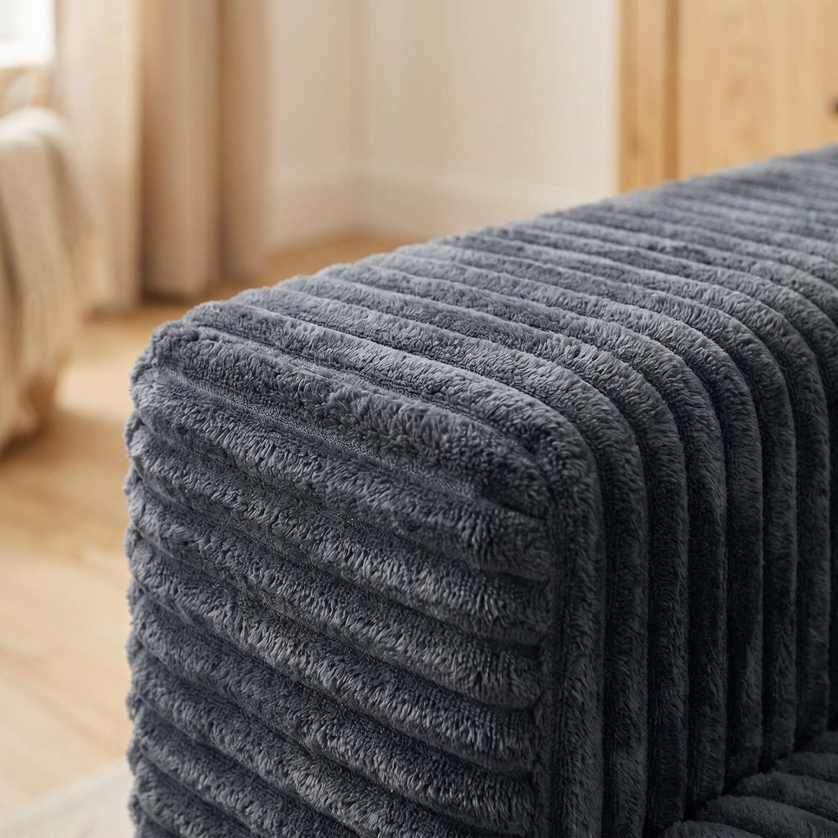 91.7" No-Leg Compression Sofa, Plush Corduroy  with Built-in Cup Holders and Side Storage Pocket for Living Room