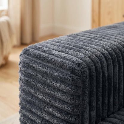 91.7" No-Leg Compression Sofa, Plush Corduroy  with Built-in Cup Holders and Side Storage Pocket for Living Room