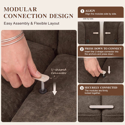 4 Seat Ruched Detailing Chenille Modular Sectional Sofa,Movable Ottoman,High-Density Foam,L Shape Thickened  Back Cushions,Easy Assembly,For Living Room,Bedroom,Brown