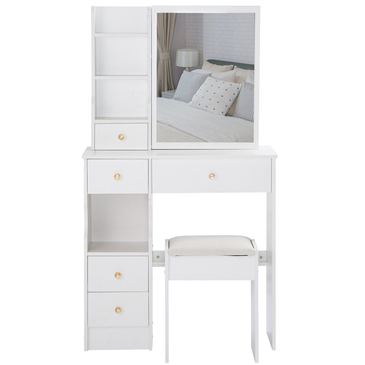 29.2" Small Space Left Drawer Desktop Vanity Table + Cushioned Stool, Extra Large Right sliding mirror, Multi Layer High Capacity Storage – Model W3258P299609
