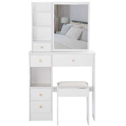 29.2" Small Space Left Drawer Desktop Vanity Table + Cushioned Stool, Extra Large Right sliding mirror, Multi Layer High Capacity Storage – Model W3258P299609