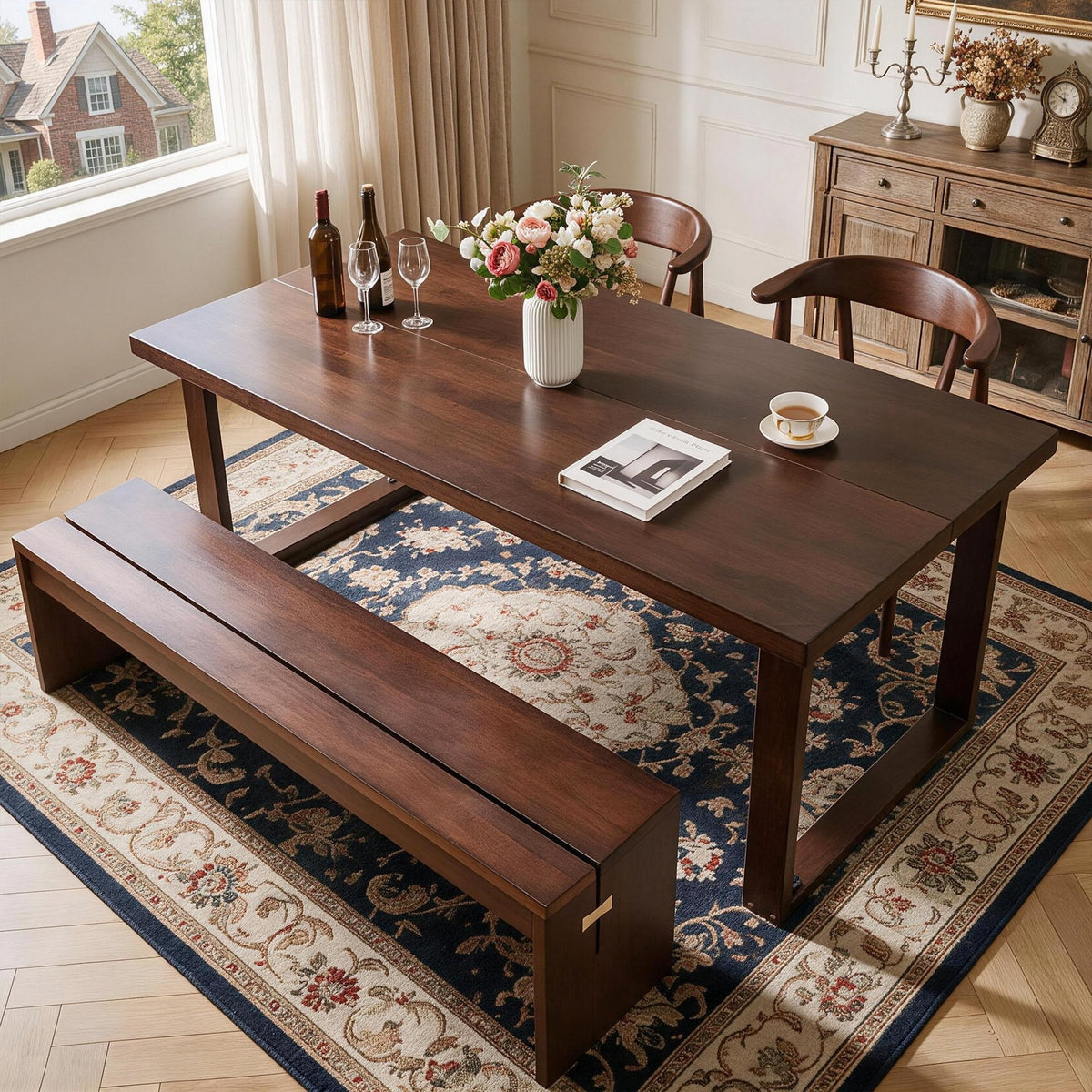 180cm Large Solid Wood Dining Table, Mid‑Century Modern Rectangular Solid Wood Kitchen Table, Dark Walnut Solid Wood Table for Dining Room Home Office