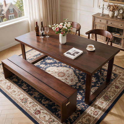180cm Large Solid Wood Dining Table, Mid‑Century Modern Rectangular Solid Wood Kitchen Table, Dark Walnut Solid Wood Table for Dining Room Home Office