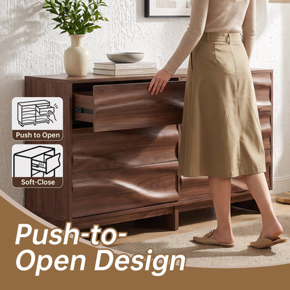 59.1" Buffet Sideboard with 6 Drawers, Walnut Finish with Wave Grain Texture, Farmhouse Storage Cabinet for Dining Room Living Room Hallway, Large Space Accent Furniture, Easy Assembly