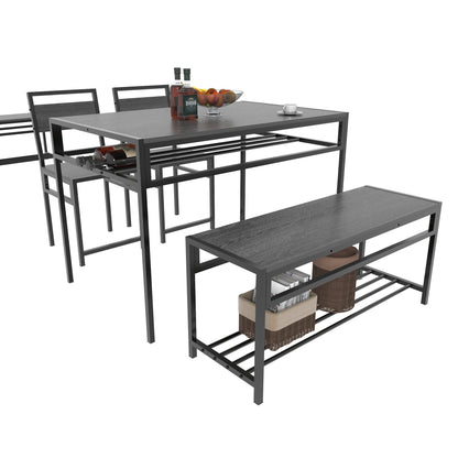5 Piece Industrial Dining Table Set with 2 Dining Chairs & 1 Storage Bench, Rectangular Wood Grain Kitchen Table with Built-in Wine Rack, Metal Frame Space Saving Dinner Furniture for Small Apartment