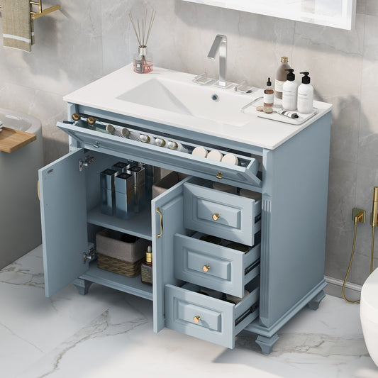 36" Bathroom Vanity with Sink, Blue Grey Solid Wood Bathroom Cabinet with Flip Drawer, 3 Drawers & 2 Doors, Elegant Design with Golden Metal Handles.(Old SKU:N725P356069E)