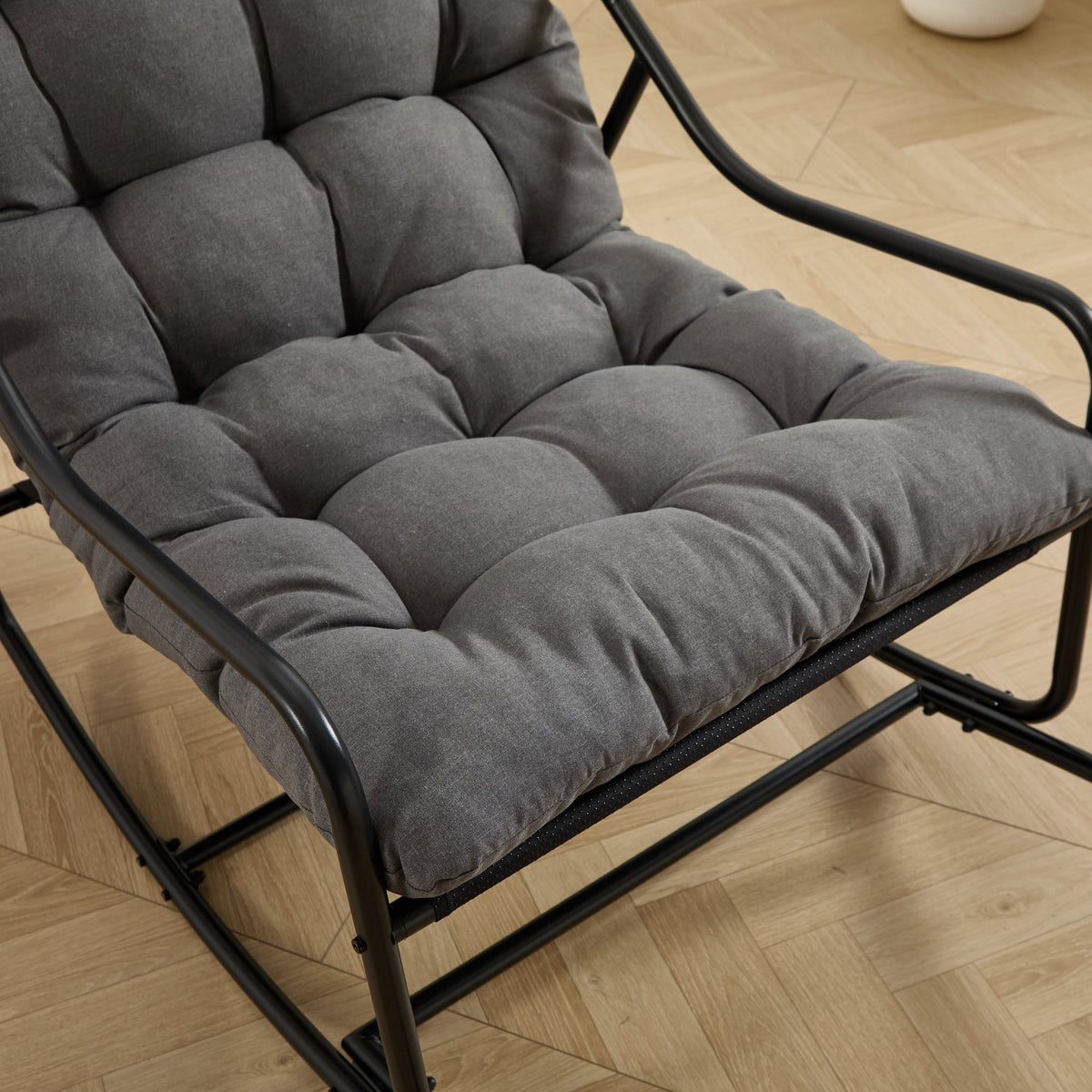 Outdoor Rocking Chair, Comfy Cushion, with Soft Thick Cushion, Reading Room, Black Frame with Grey Cushion