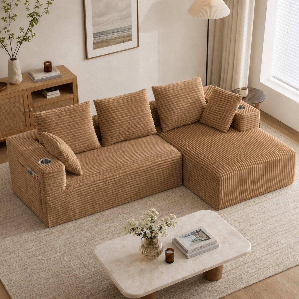 95''modular combination sofa with L-shaped lounge chair, four seater boneless design