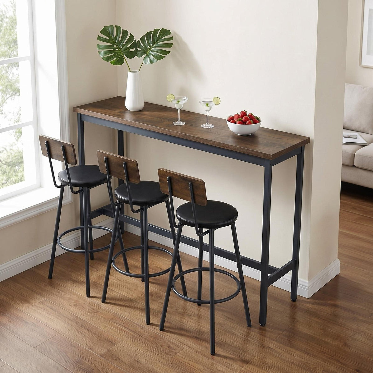 Bar Table and Chairs Set for 3, 4 Piece Industrial Dining Table Set with 3 PU Upholstered Bar Stools, Bar Table Set, Small Space Corner