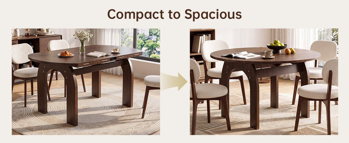 51.2" Solid Wood Extendable Dining Table, Converts Oval to Round with Walnut Finish, Sturdy Arch-Shaped Legs & Drop Leaf Design, Farmhouse Kitchen Table for Small Spaces, Easy Assembly