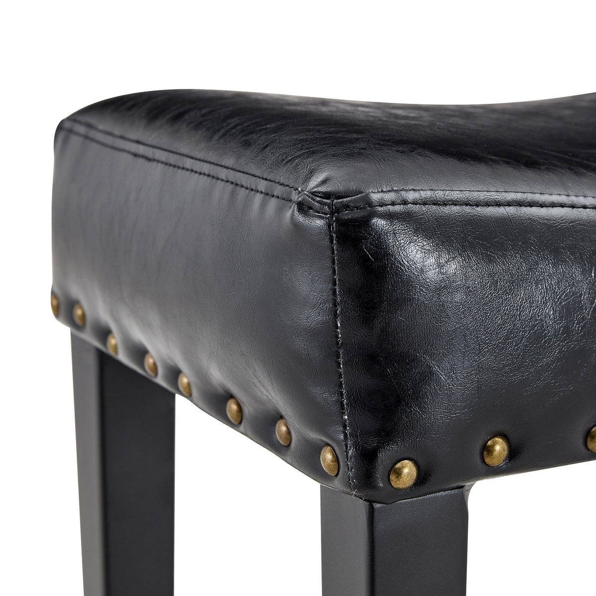 2-piece bar stool, 25.6 inches high, no back design, with 4-inch thick padded seat, equipped with brass nailhead decoration, leather material, 1.6-inch heavy-duty carbon steel legs, black color