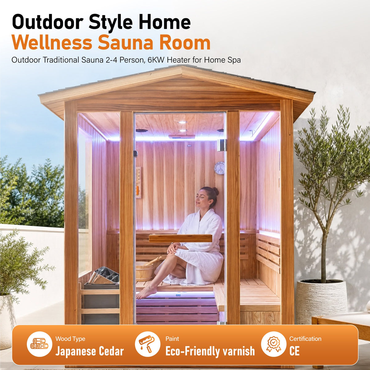 6000W 240V3-4 outdoor traditional steam sauna with fragrant cedar wood for 4 people