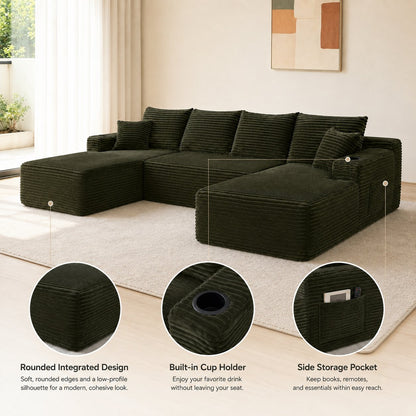 134' Cloud Sectional Sofa with U-Shape Chaise and Side Pockets and Cup holder , Modern Modular Design, Deep Seating, Upholstered Couch for Living Room/Bedroom, No Assembly Required (Plush)GREEN