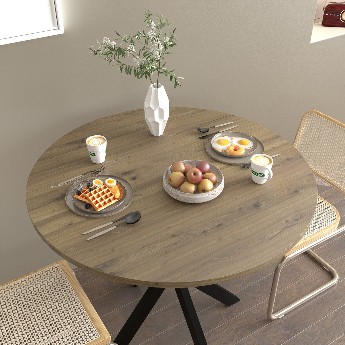 31.5 Inch Round Dining Table, Small Circle Kitchen Table with Metal Black Legs for 2-4 people, Modern Dining Room Table, Brown (only table) – 0.7Inch
