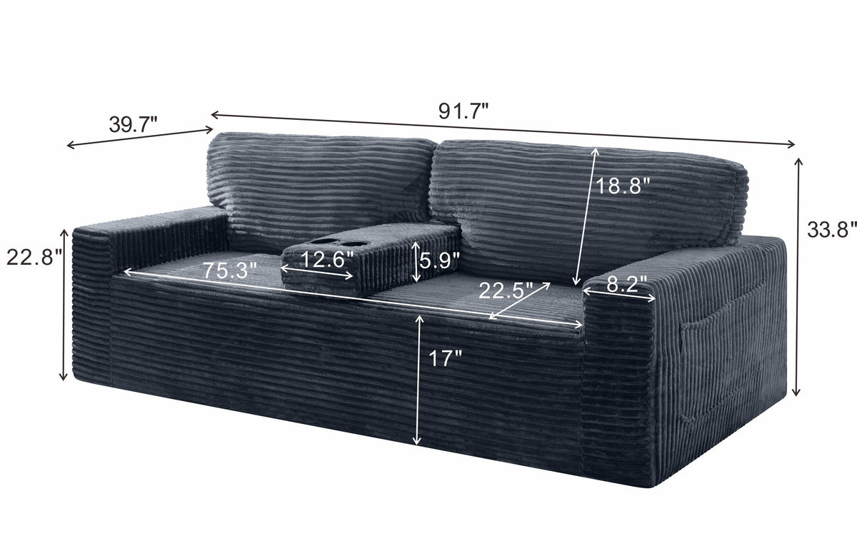 91.7" No-Leg Compression Sofa, Plush Corduroy  with Built-in Cup Holders and Side Storage Pocket for Living Room