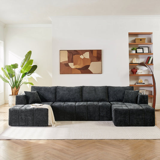 132" U-Shaped Chenille Sectional Sofa, Cloud Style Boneless Sofa with Lounges, Modern Upholstered Couch with Cup Holders & Side Pockets, Compression Sofa for Living Room, No Assembly Required,Black