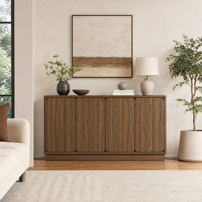 59.1 Inch Walnut 4-Door Sideboard Buffet Cabinet, Particle Board Storage Credenza with Adjustable Shelves, Wide Console Storage Cupboard for Dining Room, Kitchen, Living Room & Entryway