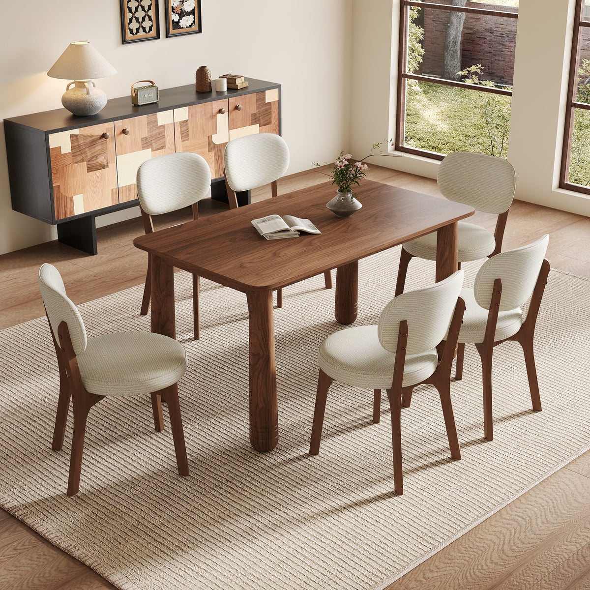 63" Solid Wood Dining Table Set with 4 Upholstered Chairs, Farmhouse Dinner Table Set of 5 Piece with Walnut Finish & Beige Chenille Seats, Heavy-Duty Support up to 1000 lbs, Easy Assembly