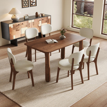 63" Solid Wood Dining Table Set with 4 Upholstered Chairs, Farmhouse Dinner Table Set of 5 Piece with Walnut Finish & Beige Chenille Seats, Heavy-Duty Support up to 1000 lbs, Easy Assembly