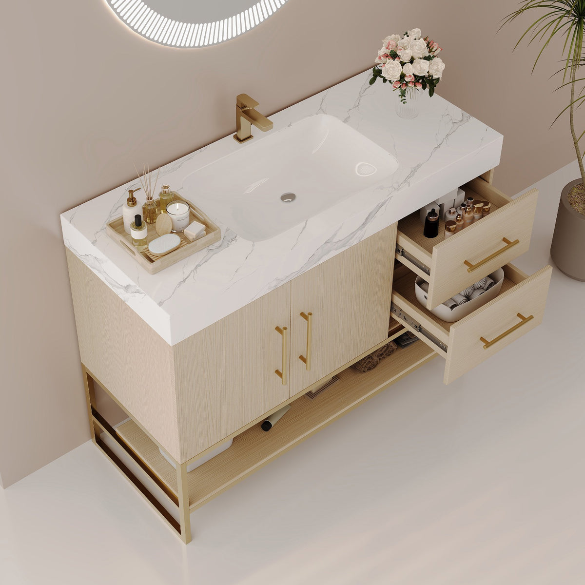 36" Modern Free-Standing Bathroom Vanity with Seamless Ceramic Sink & Sintered Stone Top