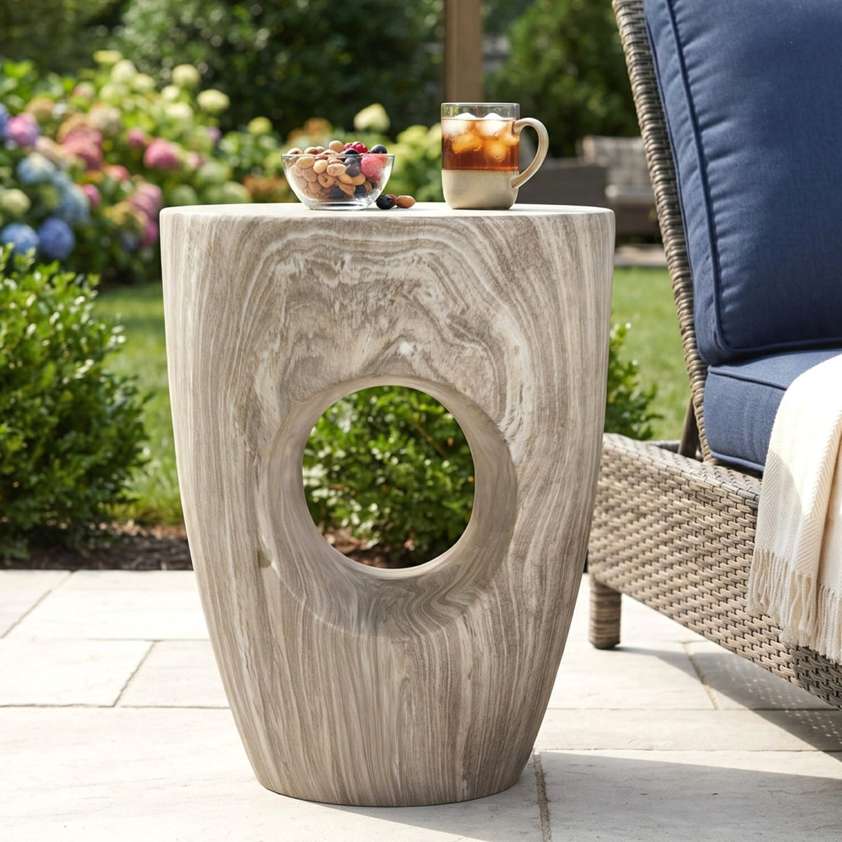 19.29"H Modern Round MgO Side Table with Cutout Accent, Faux Marble Outdoor Garden Stool & Indoor End Table, Weather Resistant Decorative Accent Table, No Assembly Required,Gray Marble