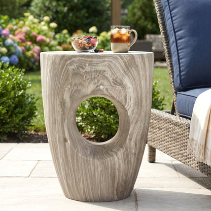 19.29"H Modern Round MgO Side Table with Cutout Accent, Faux Marble Outdoor Garden Stool & Indoor End Table, Weather Resistant Decorative Accent Table, No Assembly Required,Gray Marble
