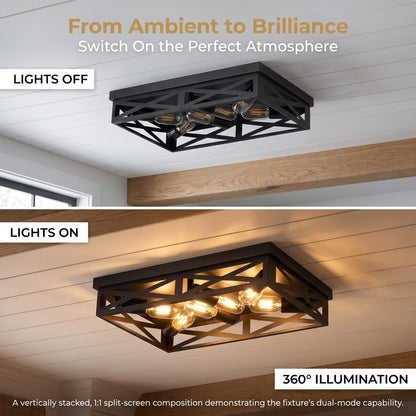 6-Light Matte Black Farmhouse Square Flush Mount Ceiling Light, Vintage Hollow Geometric Iron Cage Ceiling Lamp, Industrial Close to Ceiling Lighting for Dining Room, Bedroom-1 Pack(No light bulb)