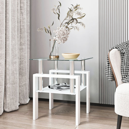 1-Piece Modern Tempered Glass Tea Table Coffee Table End Table, Square Table, Transparent/White