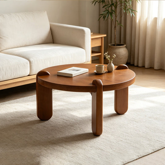 27.56" W x 15.16" H Round Low Wooden Coffee Table, 3-Leg Solid Wood Side Table with Rounded Corners, Natural Wood Grain Kid Safe Small Accent Table for Living Room Playroom