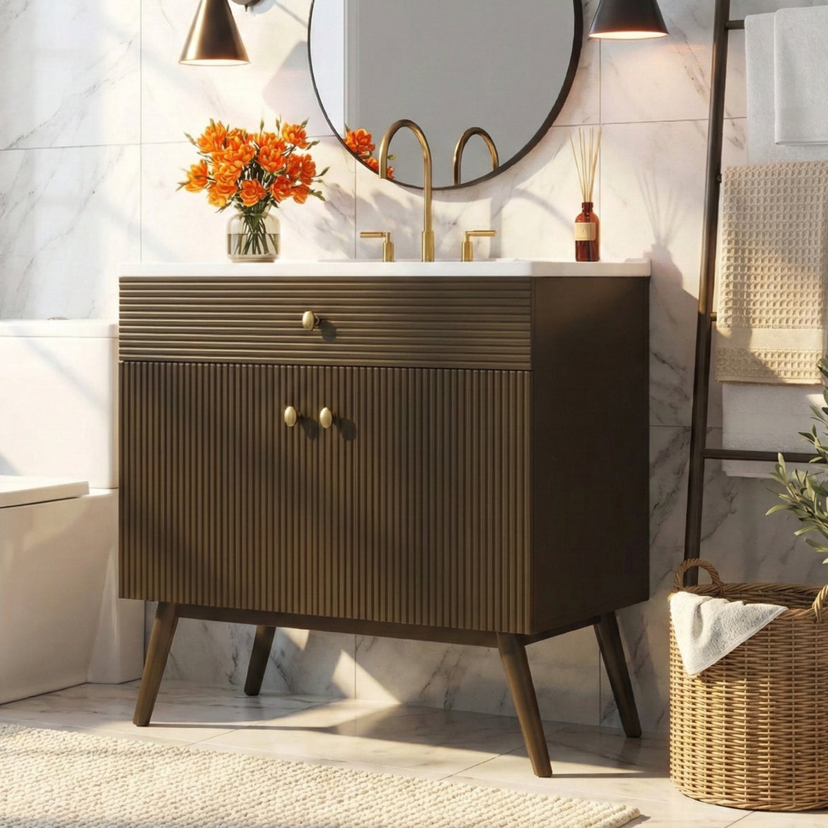36inch Luxury Striped Bathroom Vanity, Soft-Close Dual-Door Storage & Premium Ceramic Sink, Dark Brown