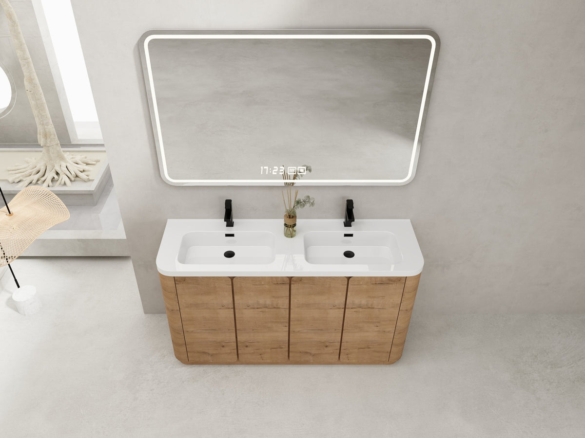 60'' Freestanding Bathroom Vanity with White Resin Sink, 4-Soft-Close Door, KD-Packing, Plywood, Imitative Oak