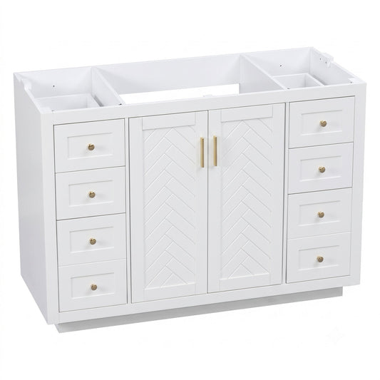 48'' Classic Bathroom Vanity Cabinet, Freestanding MDF Vanity Base with 6 Drawers and 2 Soft-close Doors, White Storage Cabinet with Gold Handles, Cabinet Only Without Sink
