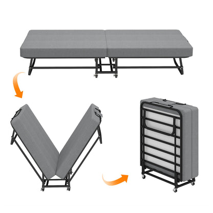 75" Folding Bed with Memory Foam Mattress, 4 Lockable Wheels Portable & Space Saving, Reinforced Steel Frame Quietly Supports 450 lbs, Folds Upright – Essential for Small Apartments & Guest Rooms