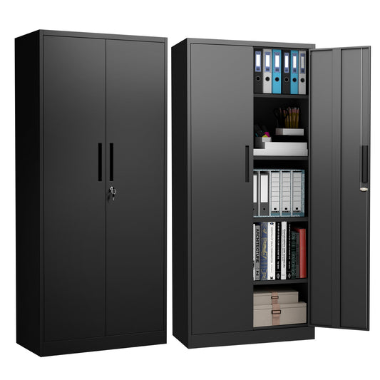71" H Metal Garage Storage Cabinet, Black Tool Steel Locking Cabinet with Doors and 3 Shelves