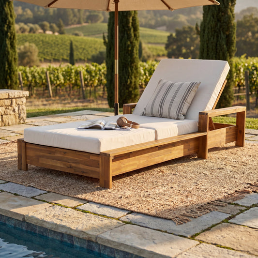 1 Chaise Lounge Frame + 1 Cream 3-Fold Cushion Set, Teak Finish Acacia Wood Recliner with Armrests, 3-Position Adjustable Backrest, 400 lbs Capacity, Water Resistant Cushion for Patio Pool Backyard