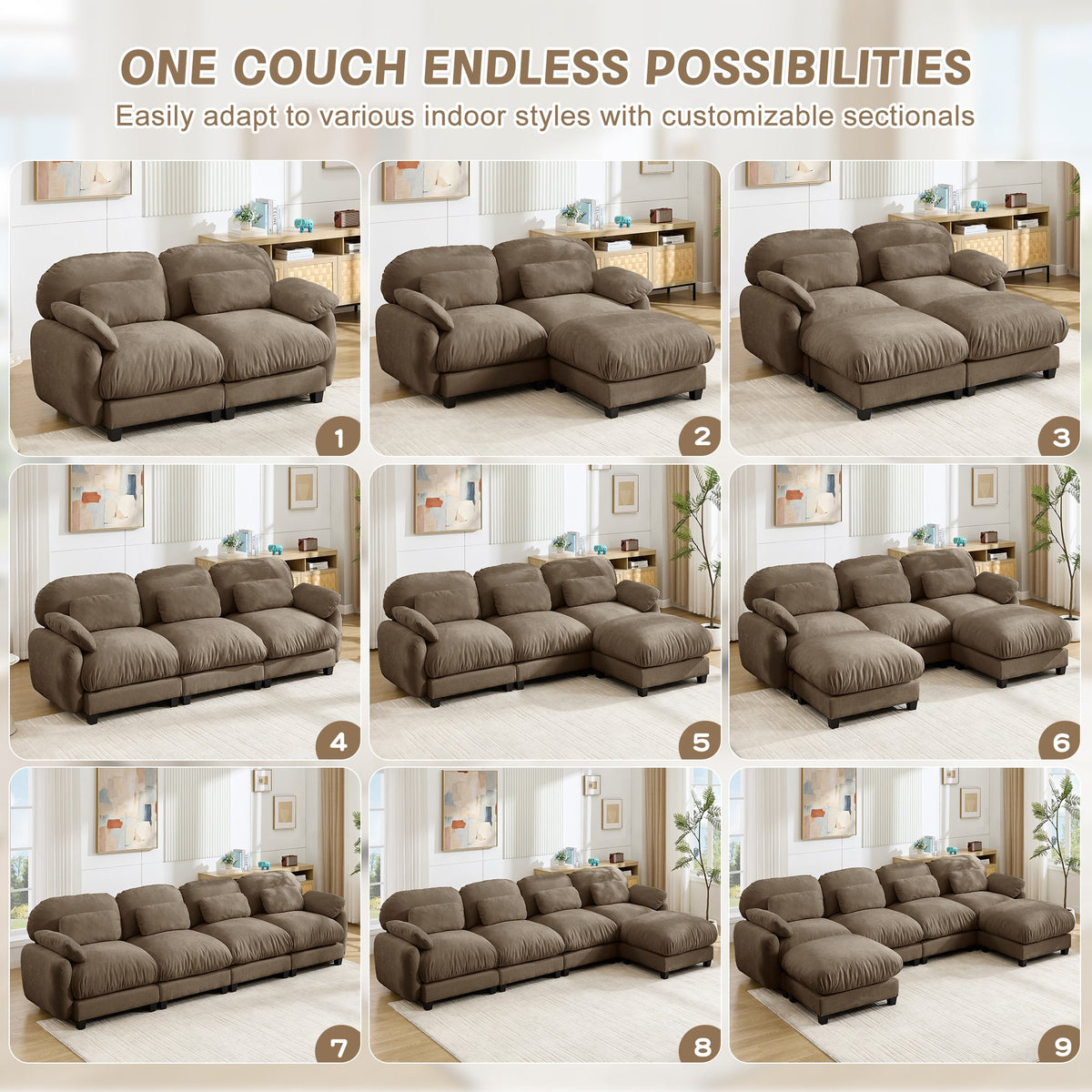 2 Seater L-Shaped Cloud Feel Sofa with Removable Ottoman, Cozy Chenille Modular Couch Set, Deep Seat Free Combination Furniture for Small Living Room, Brown