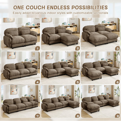 2 Seater L-Shaped Cloud Feel Sofa with Removable Ottoman, Cozy Chenille Modular Couch Set, Deep Seat Free Combination Furniture for Small Living Room, Brown