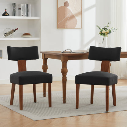 064-Set of 2 Linen Fabric Modern Armless Dining Chairs With Curved backrest and Solid Wooden Legs, Black