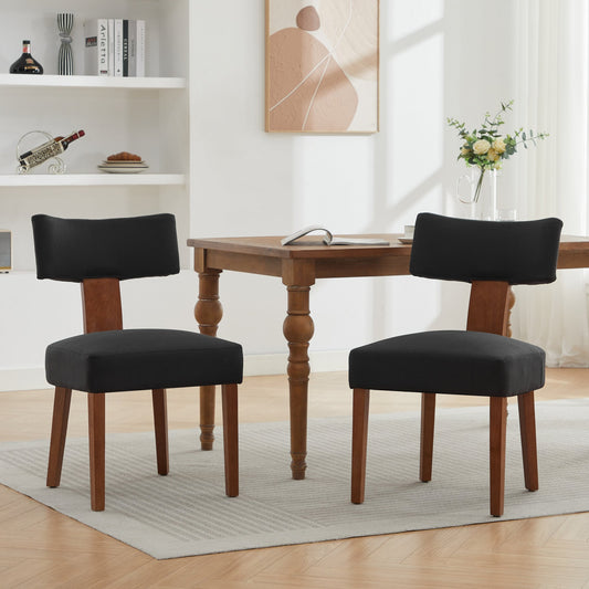064-Set of 2 Linen Fabric Modern Armless Dining Chairs With Curved backrest and Solid Wooden Legs, Black