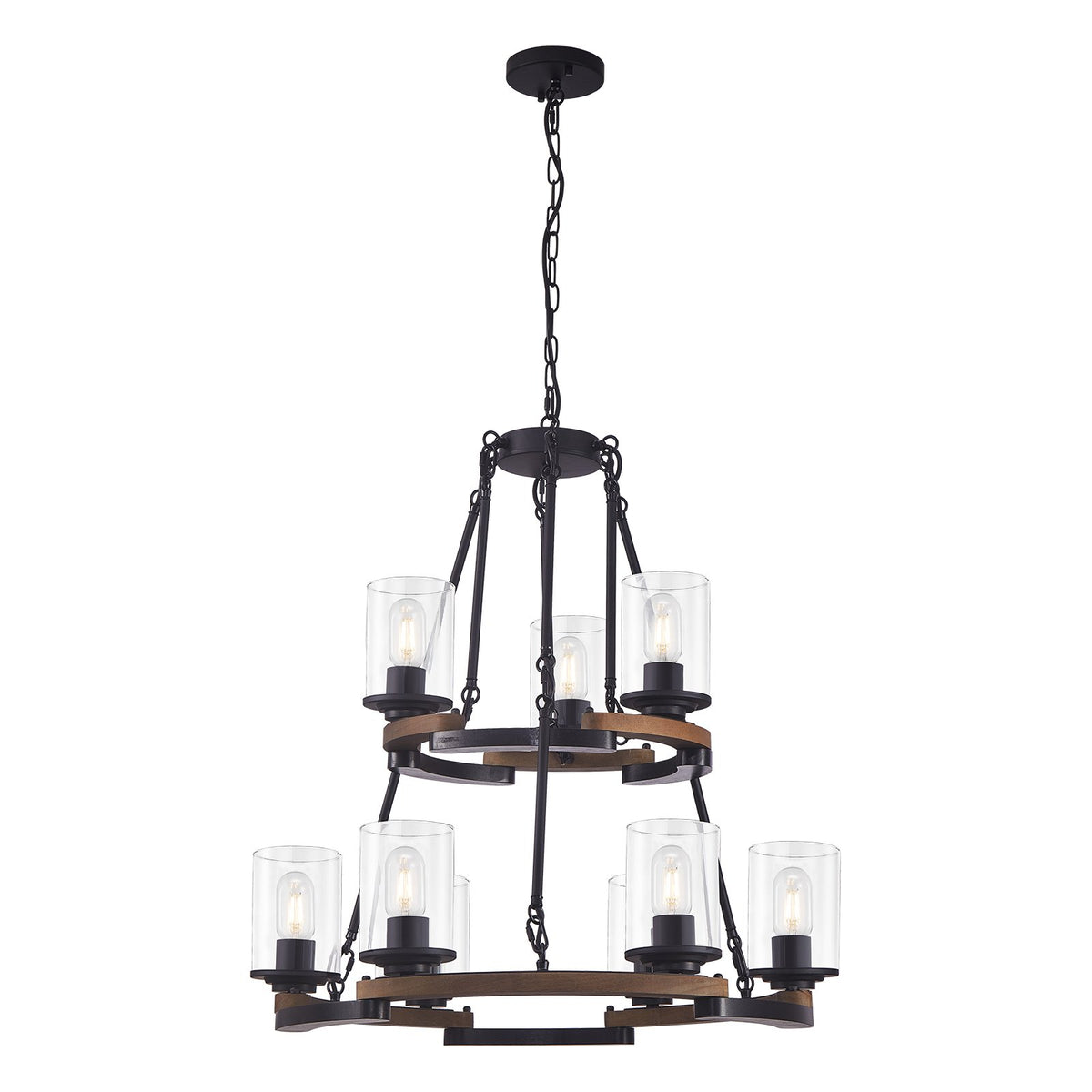9-Light Vintage Wagon Wheel Chandelier, Rustic Farmhouse Black Wood Ceiling Light, Adjustable Height for Dining Room Living Room Entryway Kitchen