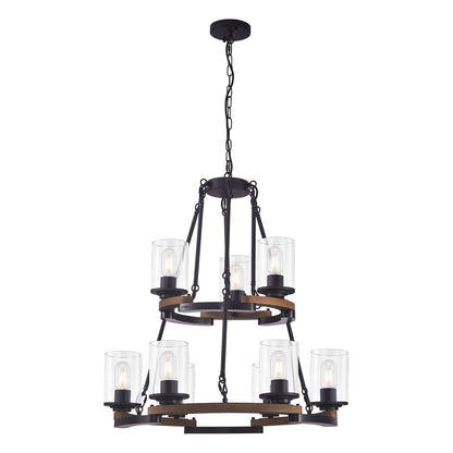 9-Light Vintage Wagon Wheel Chandelier, Rustic Farmhouse Black Wood Ceiling Light, Adjustable Height for Dining Room Living Room Entryway Kitchen