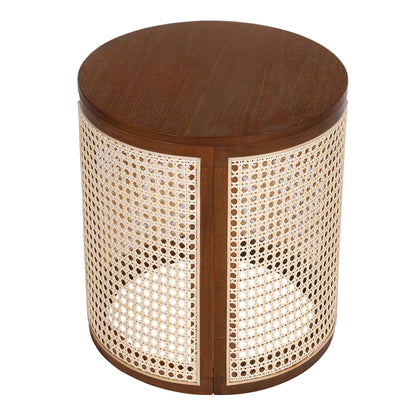 15.70" Round End Table, Hollow Woven Side Table, Small Rubber Wood Nightstand, Rattan Woven Tea Desk, Round Wood Tabletop, Chic Home Decor Desk, Easy Assembly, Dark Brown Color